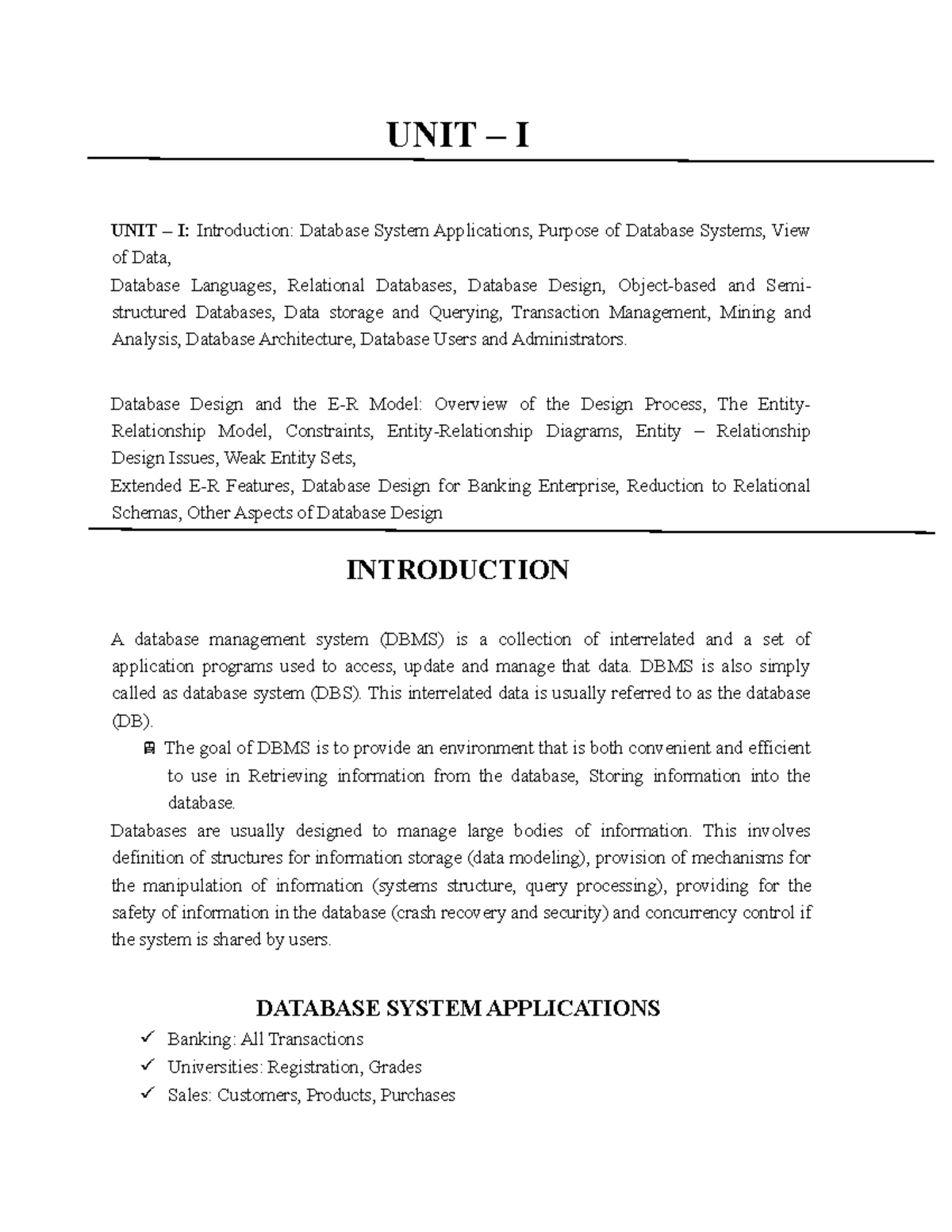 DBMS UNIT I Database System Applications - UNIT – I UNIT – I ...