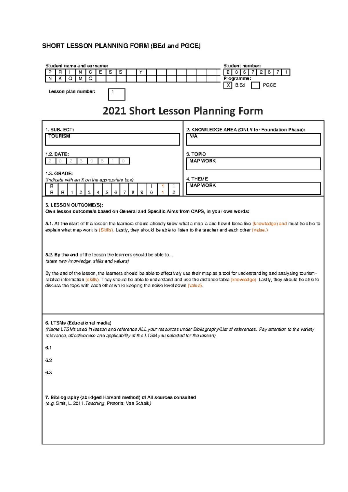 2021 TUKS Short Lesson planning form BEd and PGCE (1) - SHORT LESSON ...
