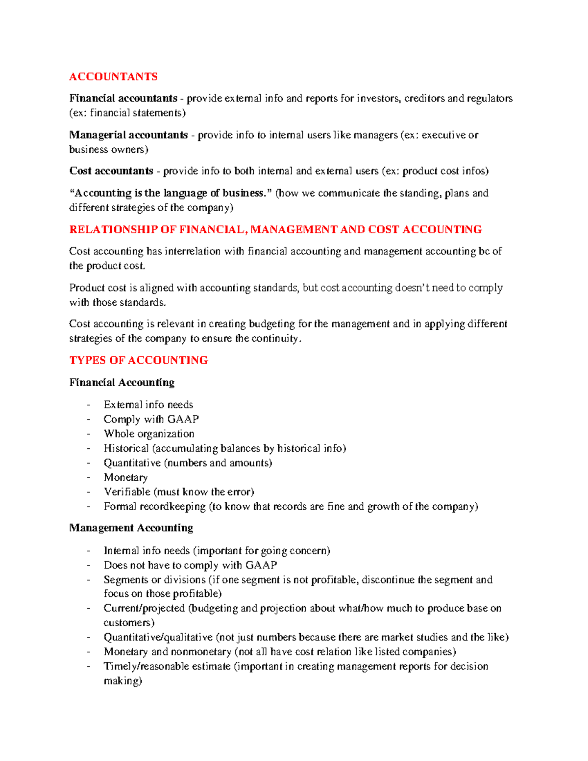 Lesson 1 notes - ACCOUNTANTS Financial accountants - provide external ...