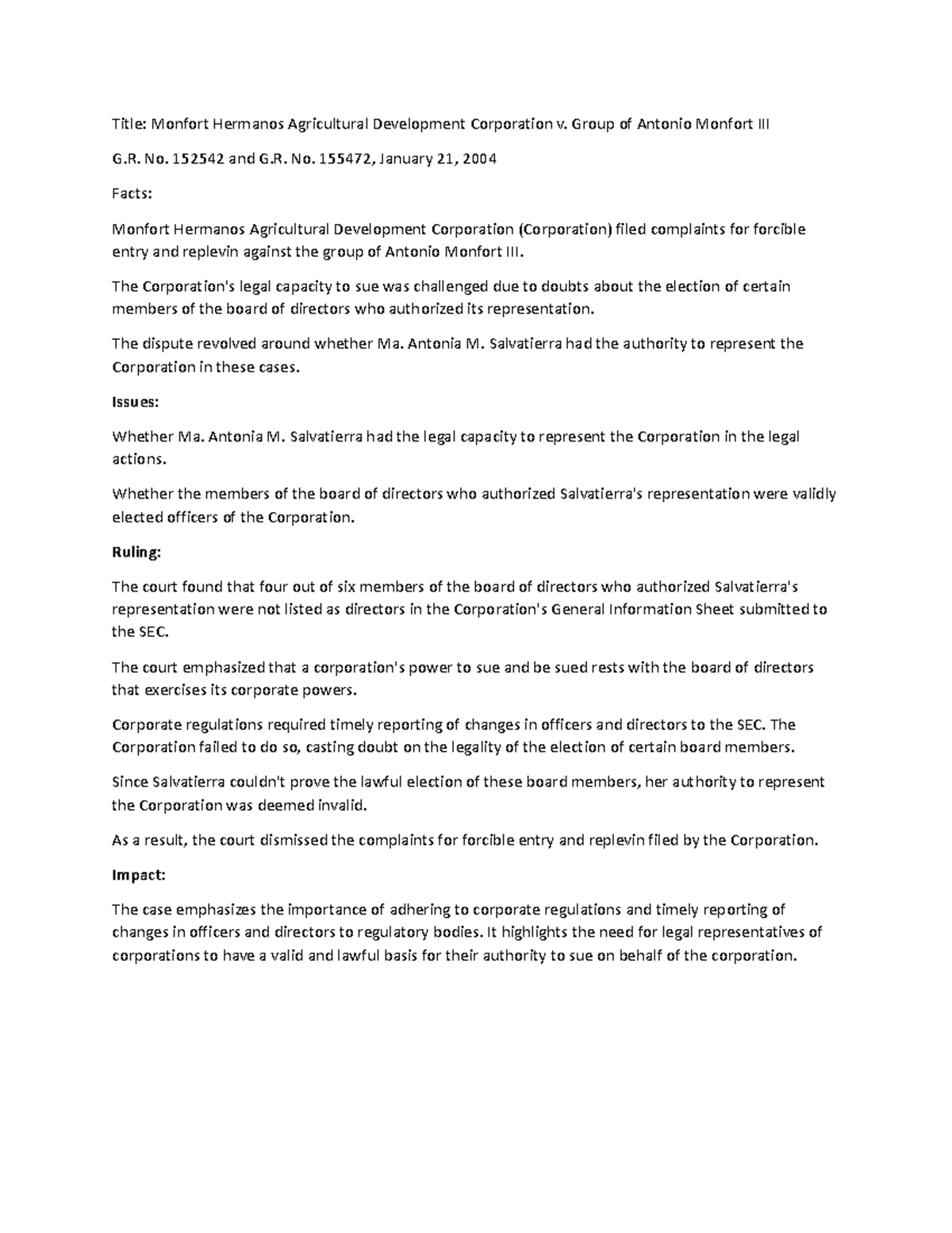 Case Digest Corpo - Title: Monfort Hermanos Agricultural Development ...