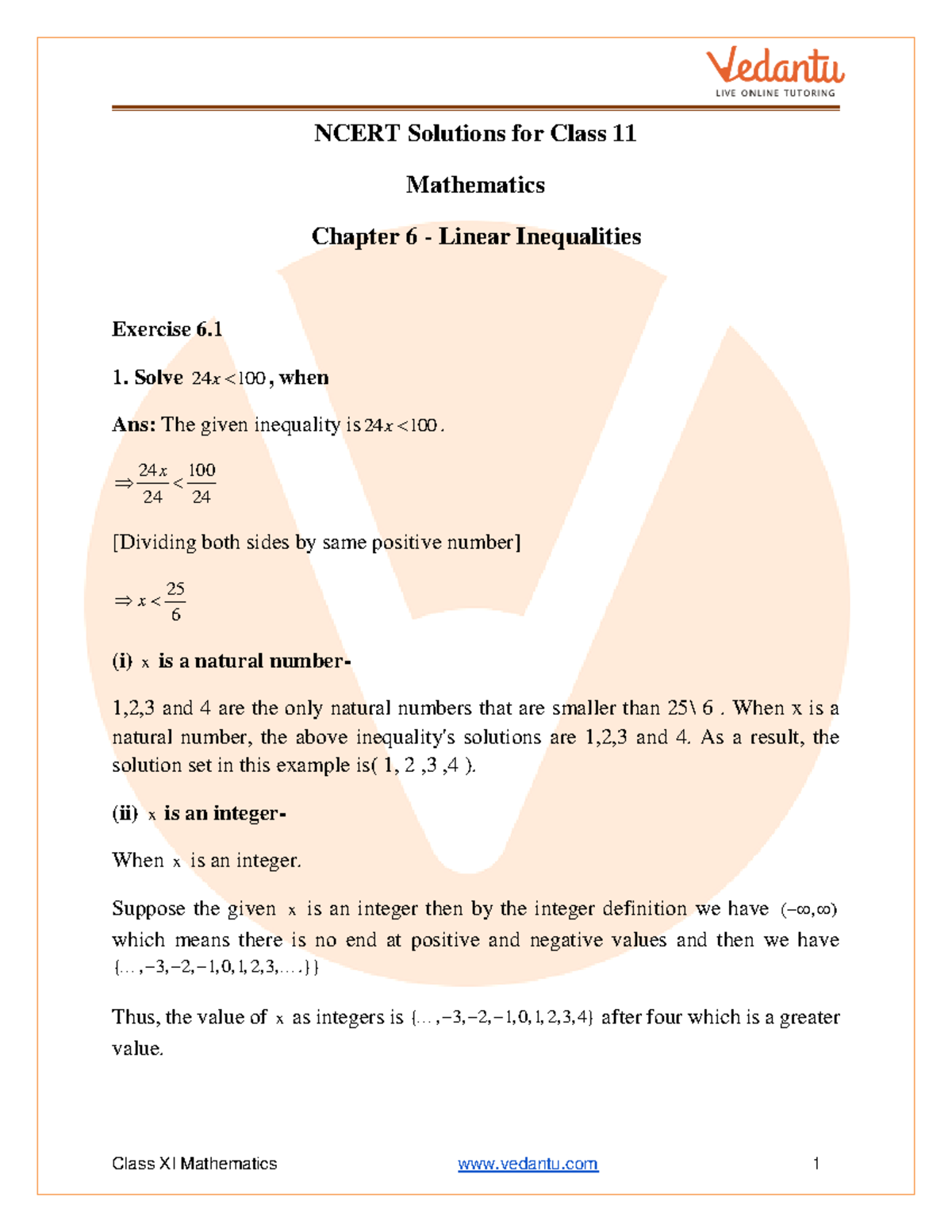 Class 11 - Maths - Linear Inequalities - Ncert Solutions For Class 11 