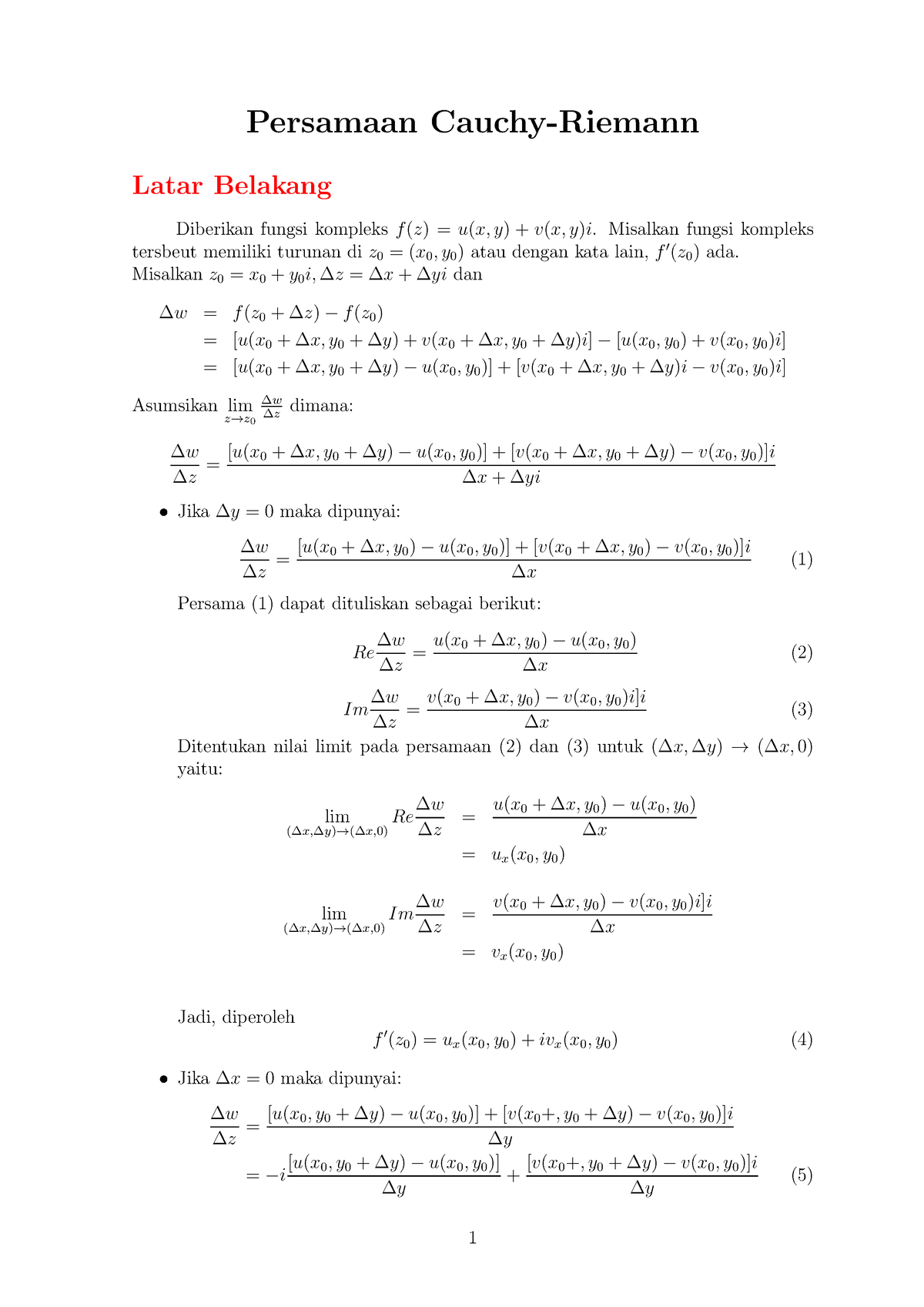 Persamaan Cauchy Riemann Persamaan Cauchy Riemann Latar Belakang Diberikan Fungsi Kompleks F 5807