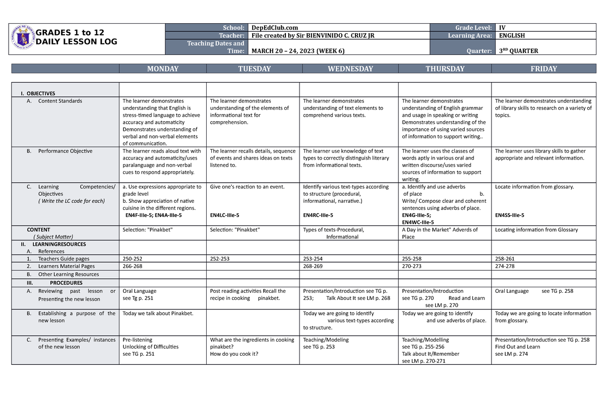 DLL English 4 Q3 W6 - sdsds - GRADES 1 to 12 DAILY LESSON LOG School ...