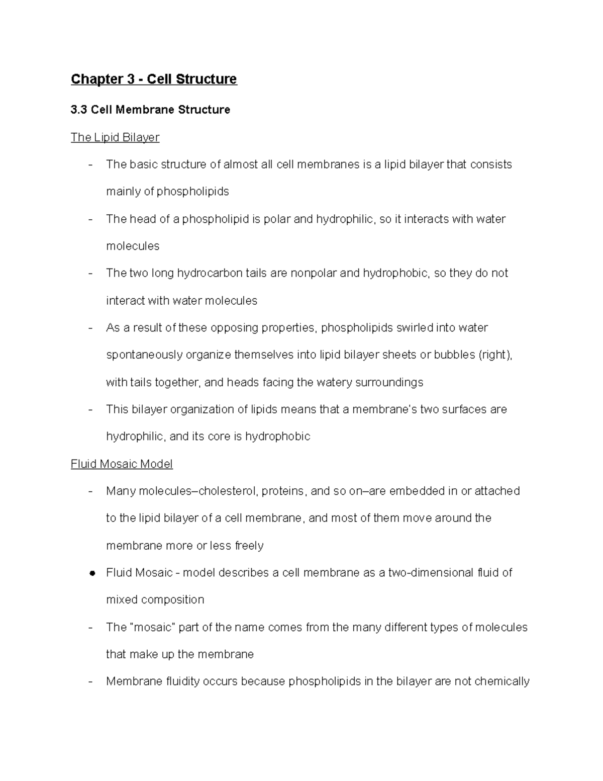 BIO 101 - Chapter 3.3 Notes - Chapter 3 - Cell Structure 3 Cell ...