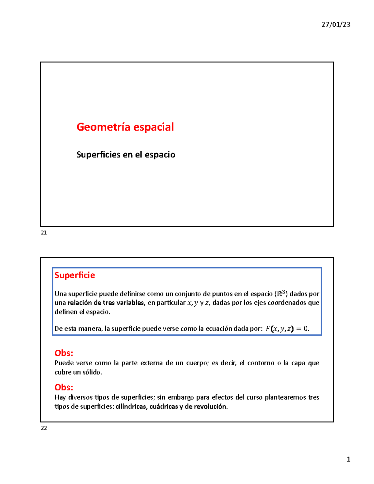 Material de superficies - Geometría espacial Superficies en el espacio