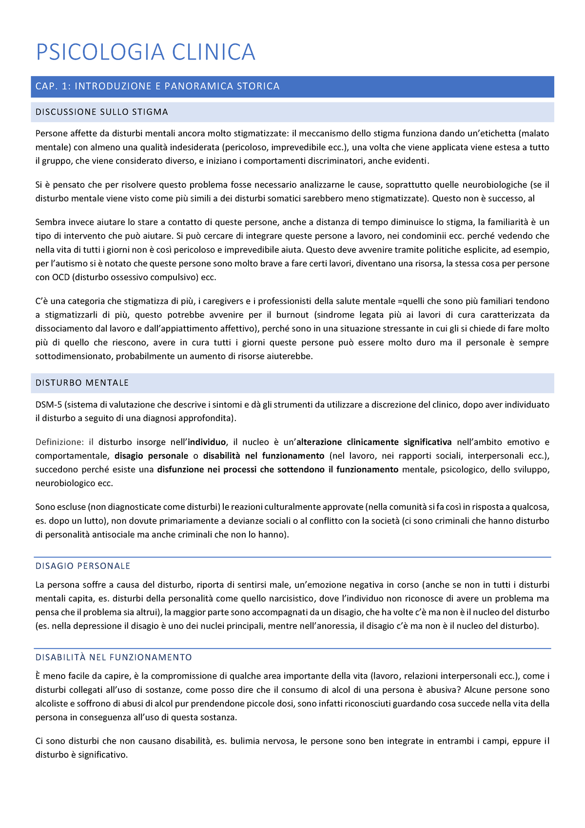 Appunti Psicologia Clinica - PSICOLOGIA CLINICA CAP. 1: INTRODUZIONE E ...