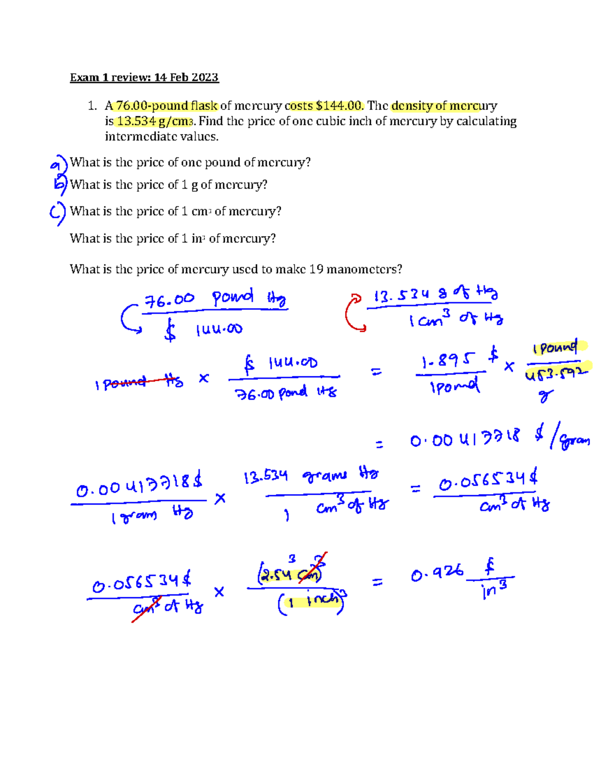 Exam 1 review - Exam 1 review: 14 Feb 2023 1. A 76-pound flask of ...