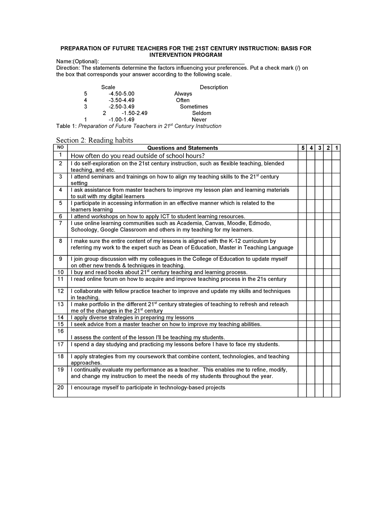 Questionnaire - Action Research - PREPARATION OF FUTURE TEACHERS FOR ...