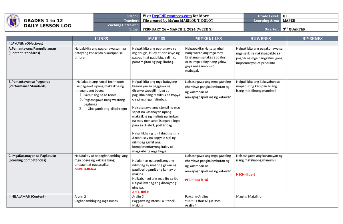 Dll Mapeh 3 Q3 W5 Fasd Grades 1 To 12 Daily Lesson Log School