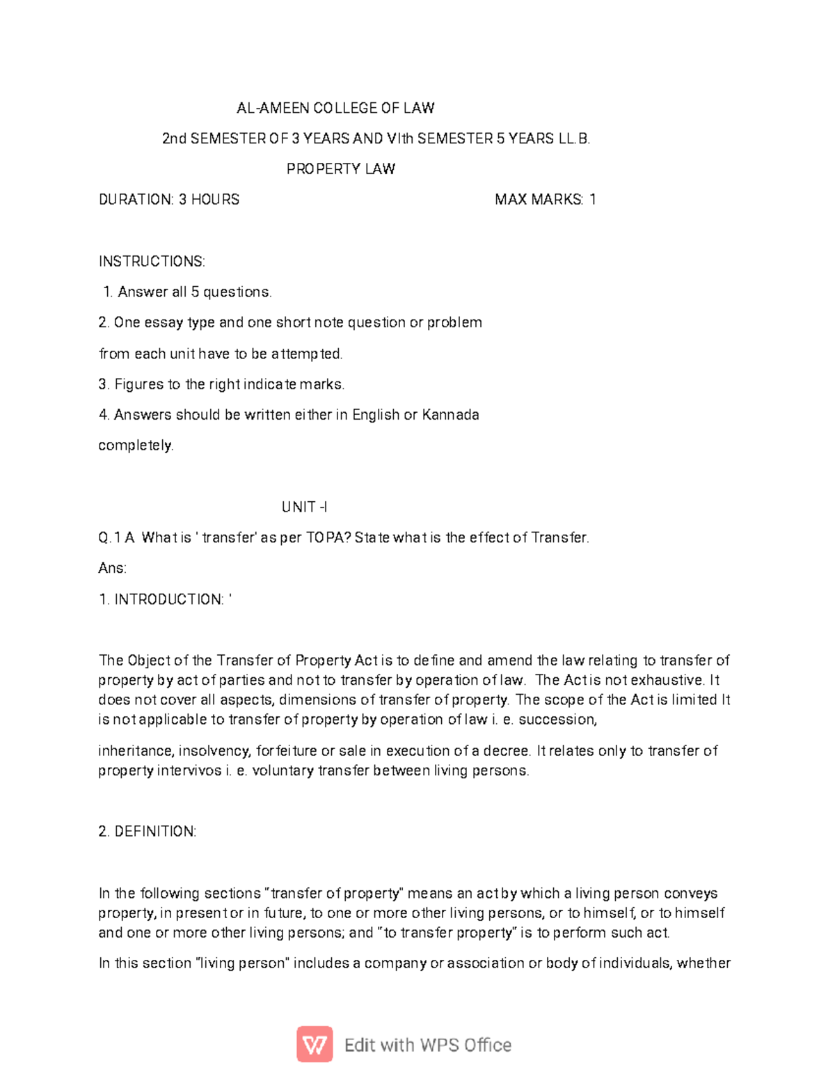 Property LAW - Model Paper (2) 230929 194038 - AL-AMEENCOLLEGEOFLAW 2 ...