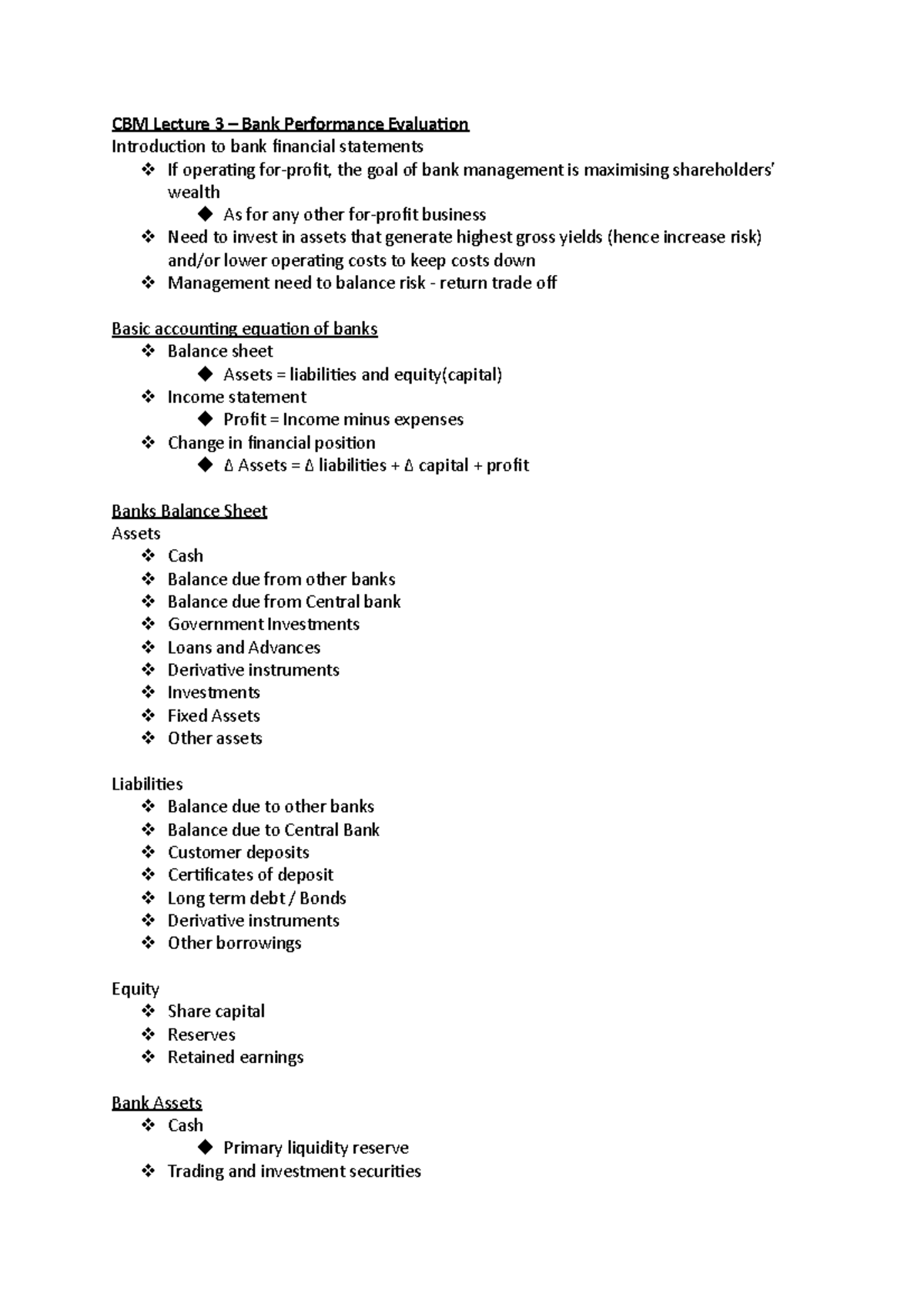 CBM Lecture 3 – Bank Performance Evaluation - CBM Lecture 3 – Bank ...