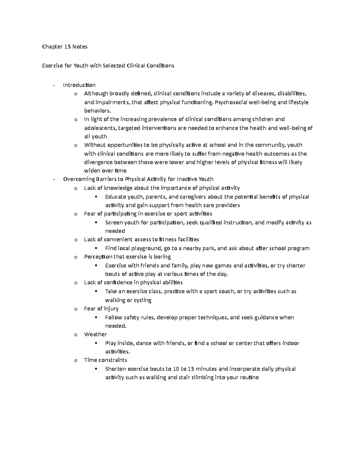 Chapter 15 Notes - Chapter 15 Notes Exercise for Youth with Selected ...