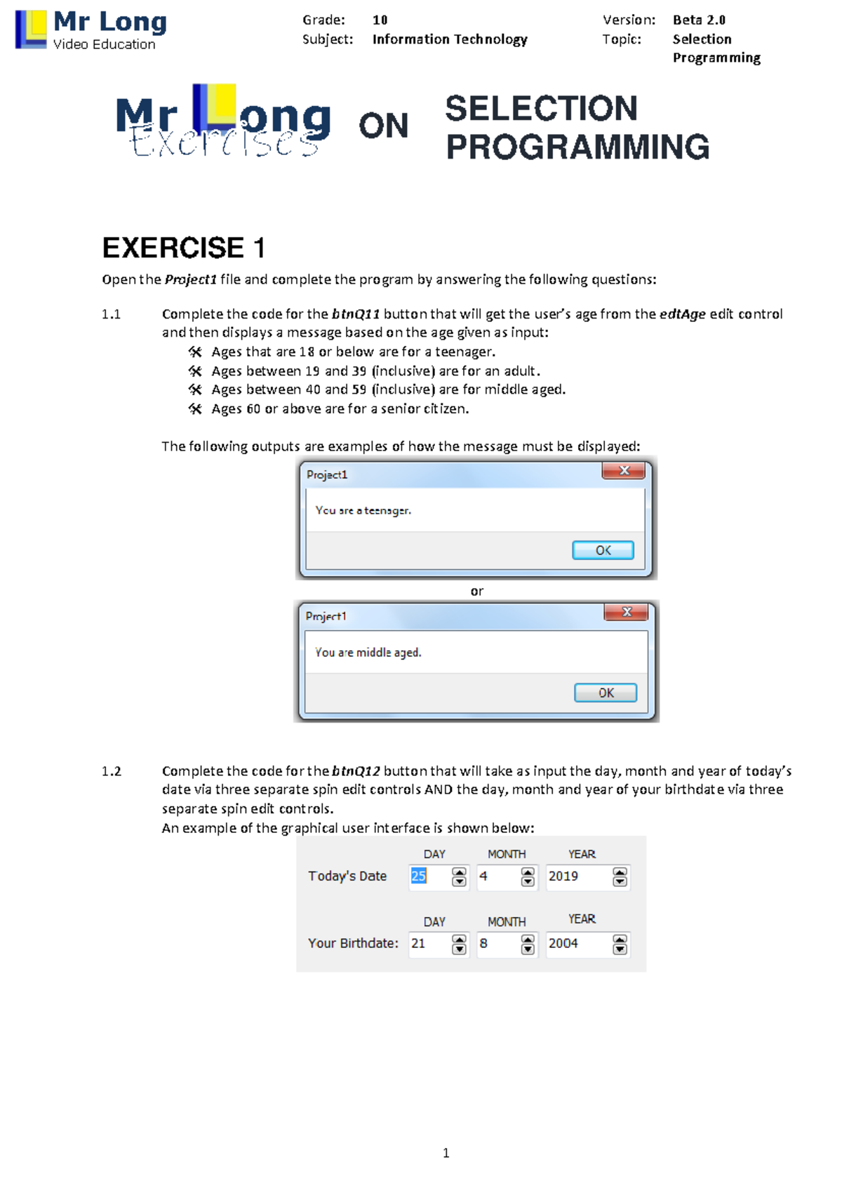 Selection Programming Exercises - Subject: Information Technology Topic ...