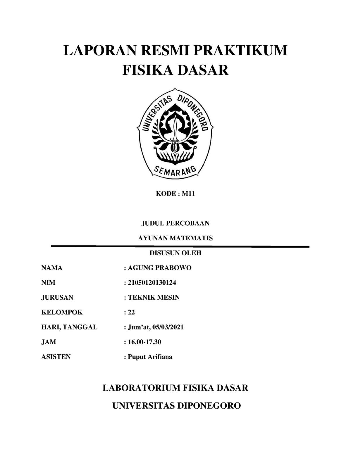 Laporan Resmi 2105012013 0123 Fisika Dasar - LAPORAN RESMI PRAKTIKUM ...