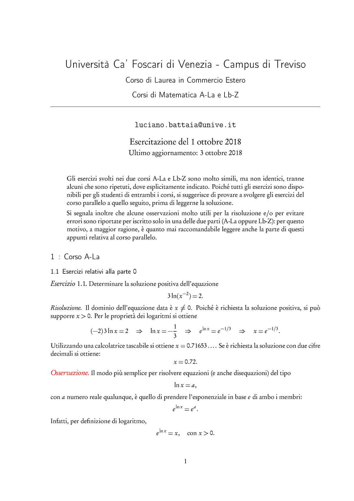 Matematica Esercitazione - Università Ca’ Foscari Di Venezia - Campus ...