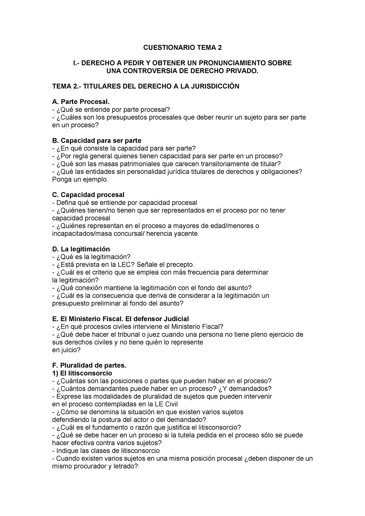 Cuestionarios Procesal Civil CUESTIONARIO TEMA I DERECHO A PEDIR