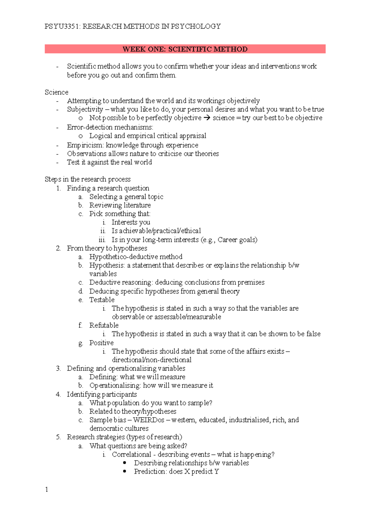 PSYU3351 Full Semester Lecture Notes - WEEK ONE: SCIENTIFIC METHOD ...