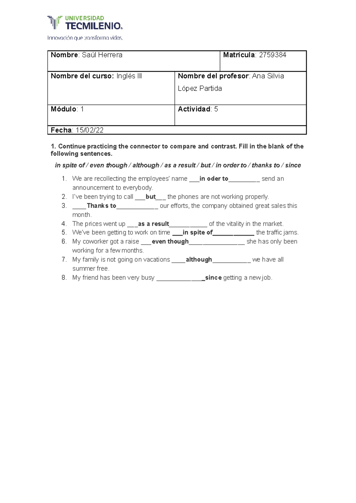 Act5 Ingles lll - Act5 Ingles lll - Nombre : Saúl Herrera Matrícula ...