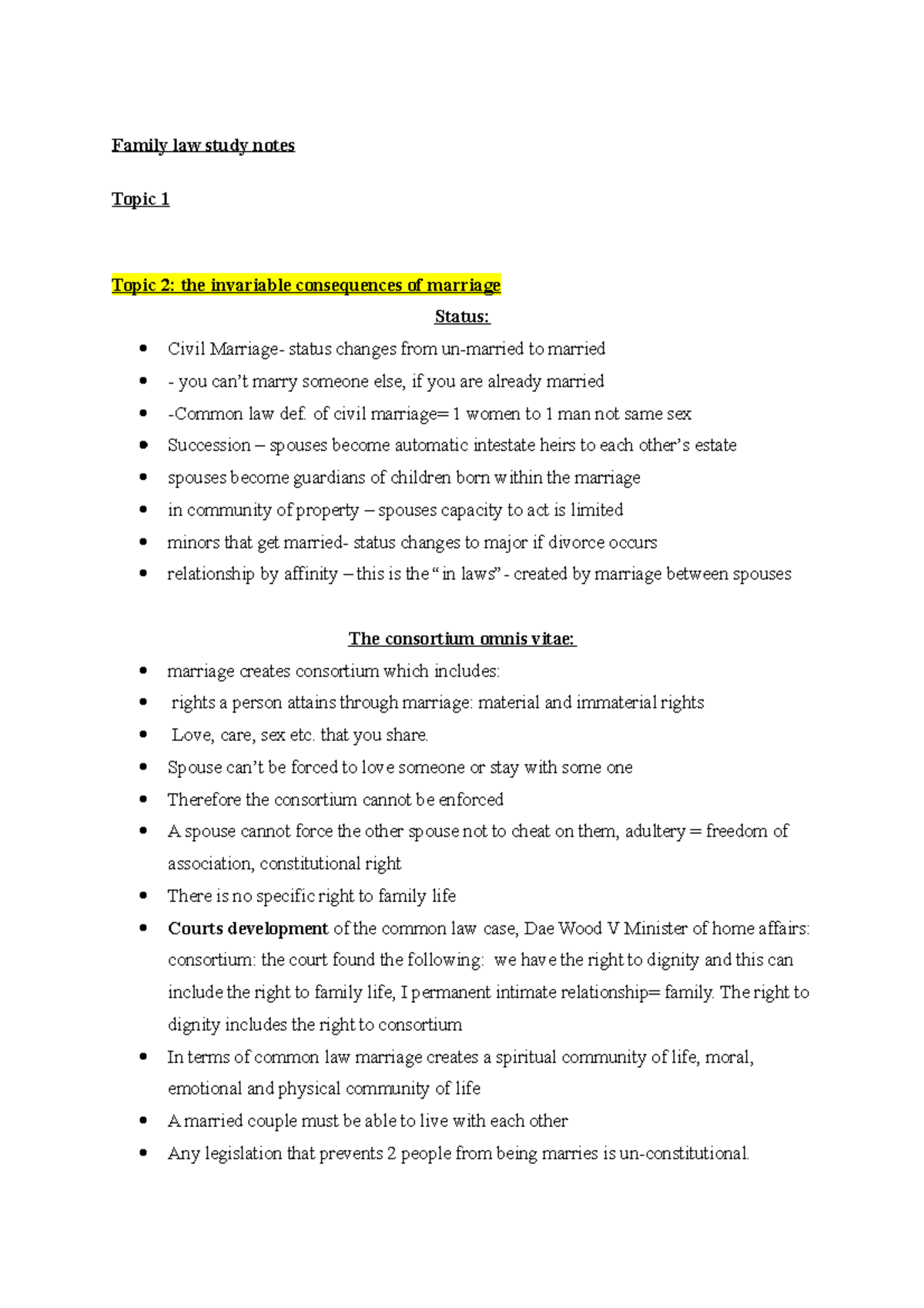 Family law exam notes Family law study notes Topic 1 Topic 2 the