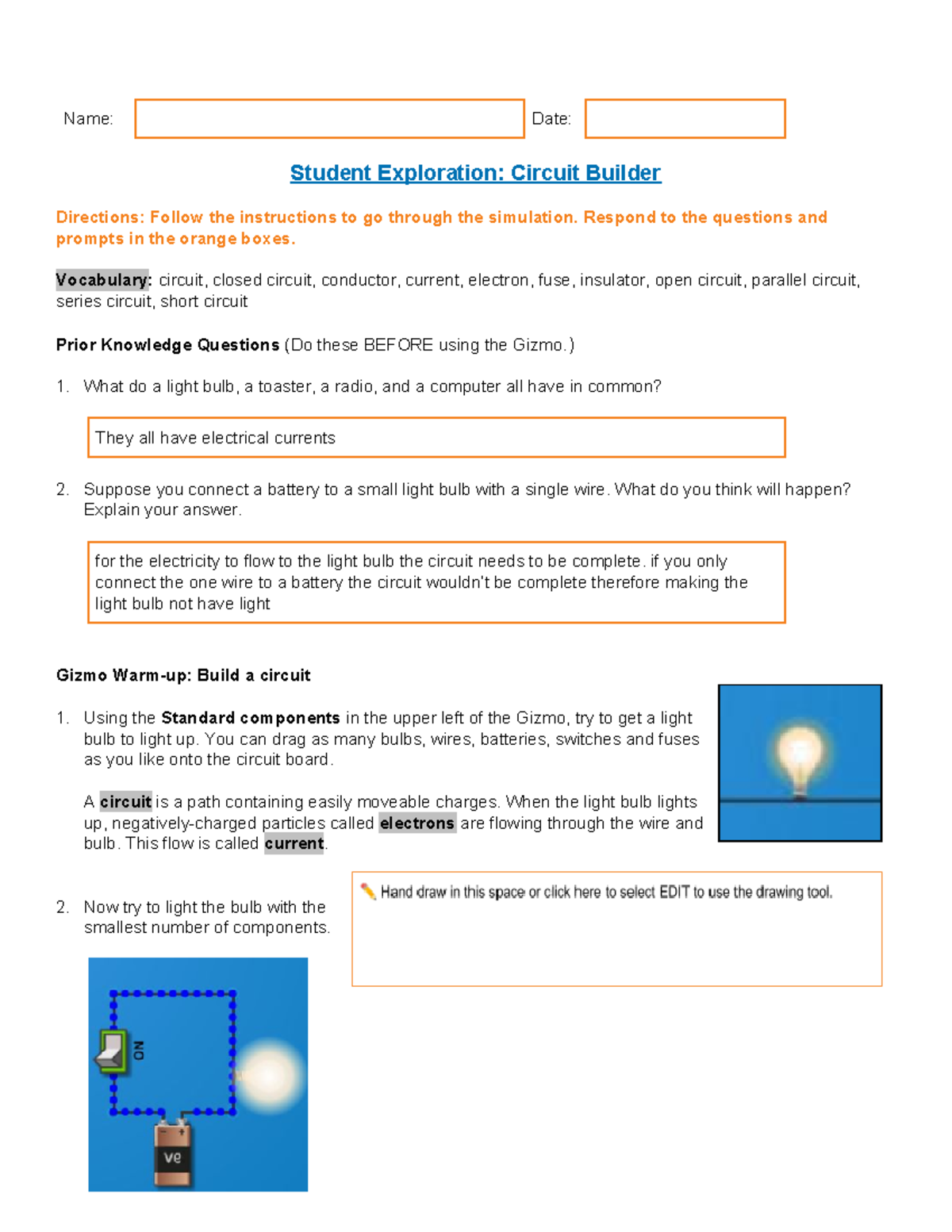 Free Gizmos Answers Keys Circuits Student Exploration Circuit Builder Teacher Guide McCombie 