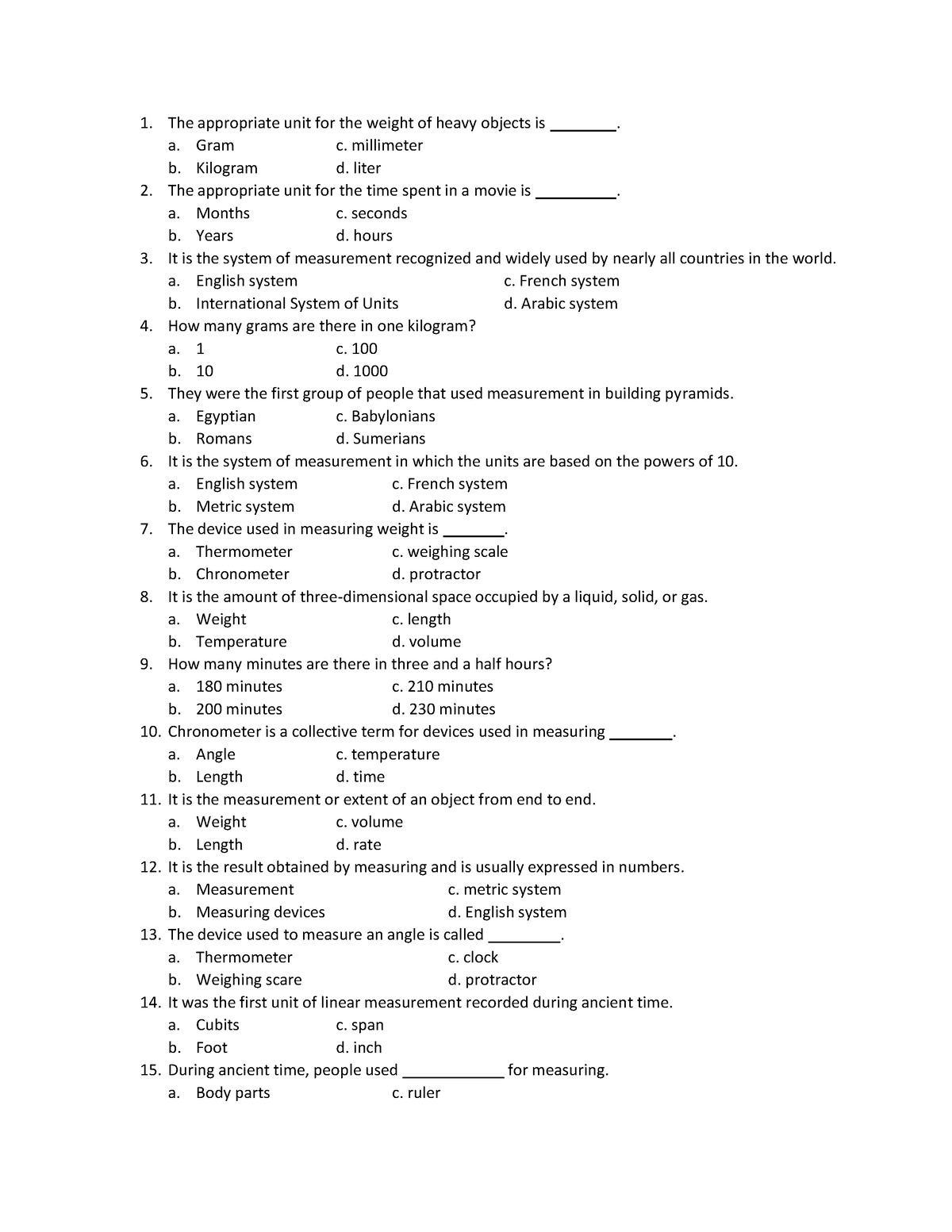 Summative Test Math 7 - The appropriate unit for the weight of heavy ...