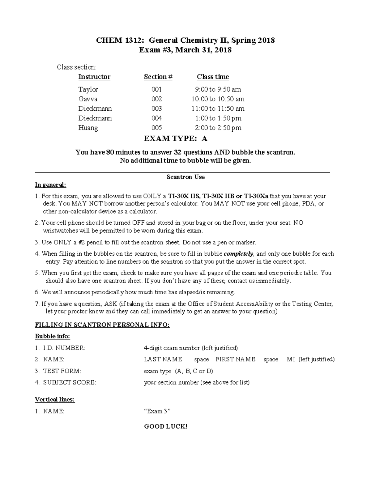 KEY Exam3 1312 S18 V A - Exam 3 Key Version A - CHEM 1312: General ...