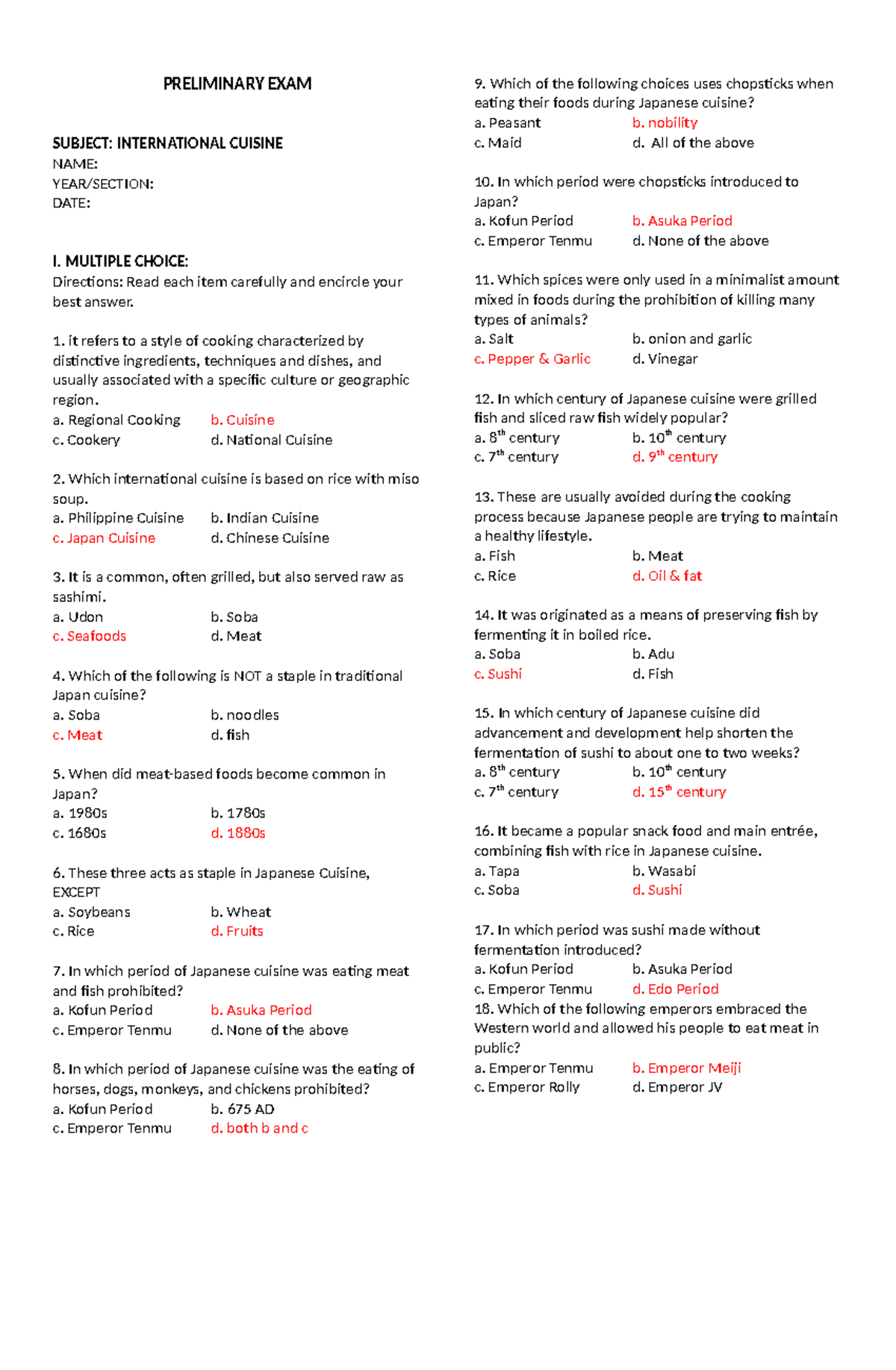 TEMP- International Cuisine Prelim - PRELIMINARY EXAM SUBJECT ...