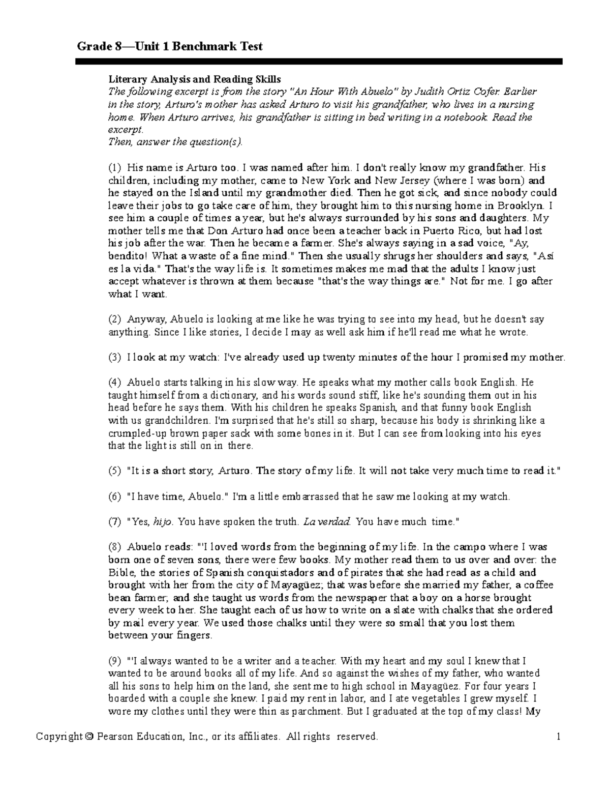 Benchmark Test Unit 1 no grammar 12 Grade 8—Unit 1 Benchmark Test