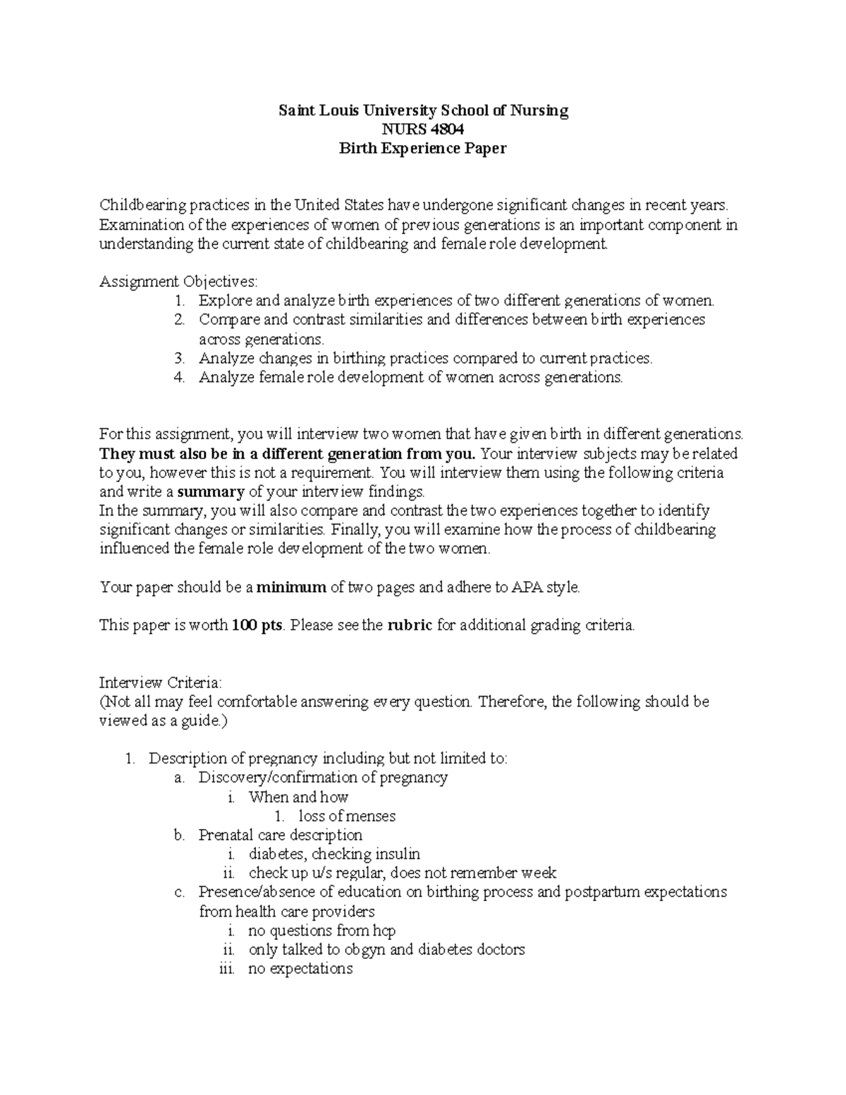 Birth Experience Assignment Mama - Saint Louis University School of ...