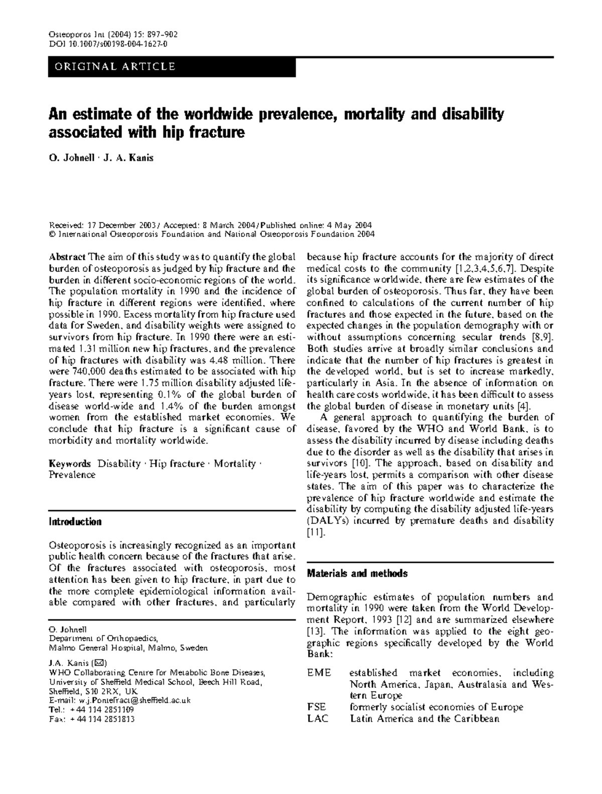 Hip Fracture O R I GI N A L A R T IC L E An Estimate Of The Worldwide