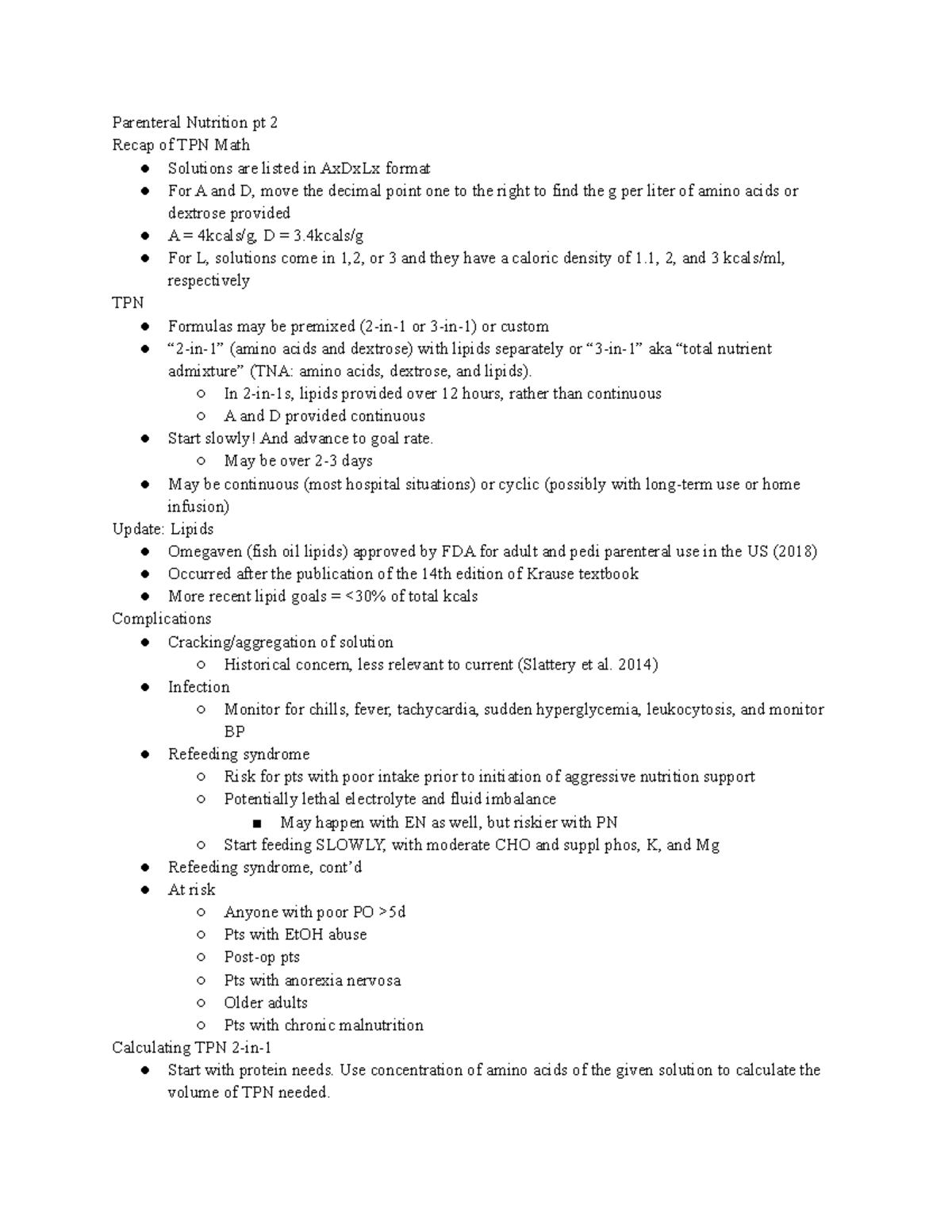 Lecture Notes 10/9 - Parenteral Nutrition pt 2 Recap of TPN Math ...