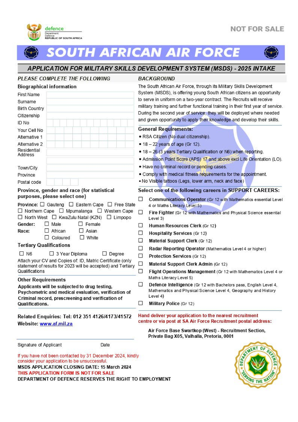 SA Air ForceApplication FormSupport roles 2024 Studocu