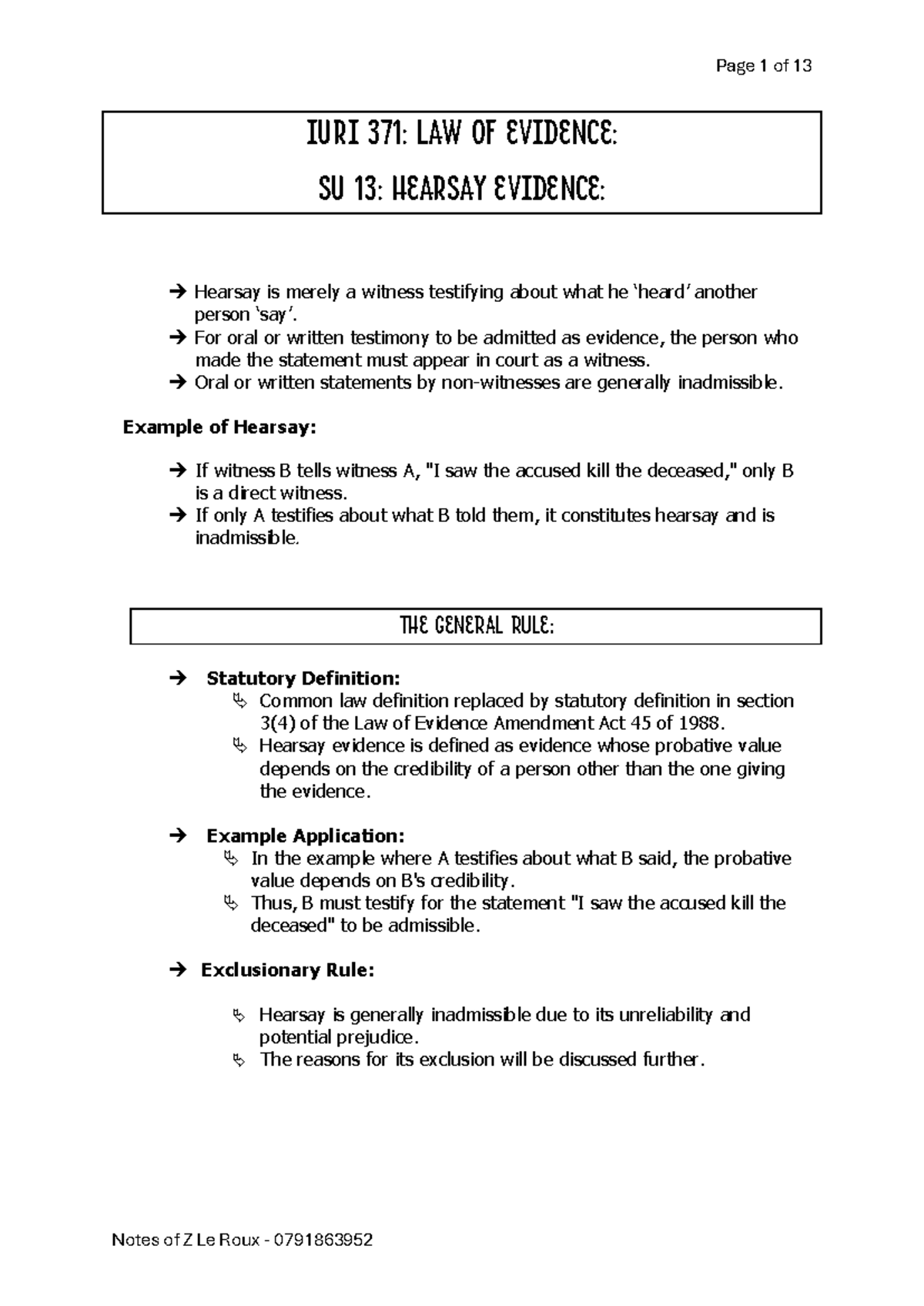 IURI 371 - SU 13 - hearsay evidence - IURI 371: LAW OF EVIDENCE: SU 13 ...