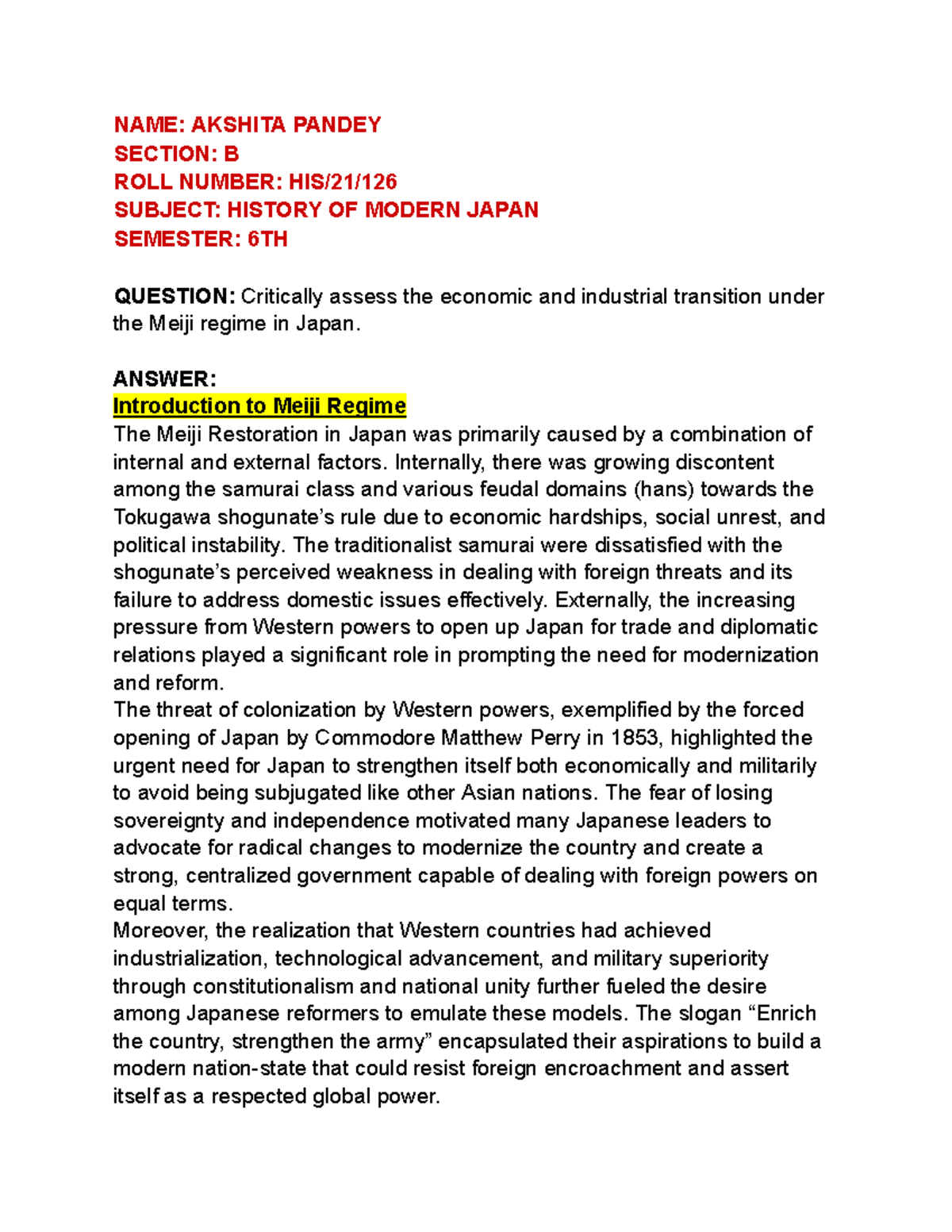 History of Japan Assignment - NAME: AKSHITA PANDEY SECTION: B ROLL ...