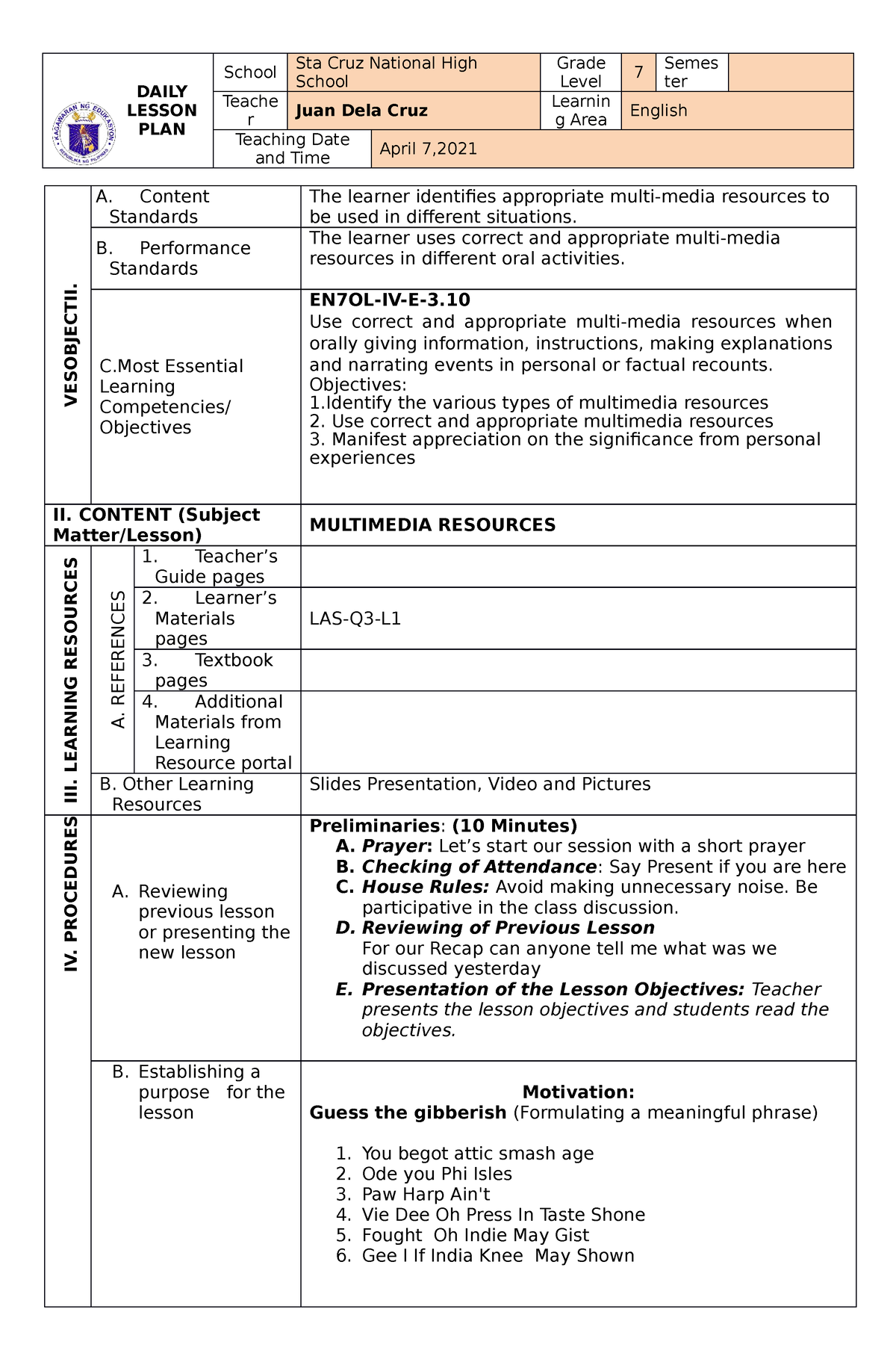 Grade 7 Daily Lesson Plan - DAILY LESSON PLAN School Sta Cruz National ...