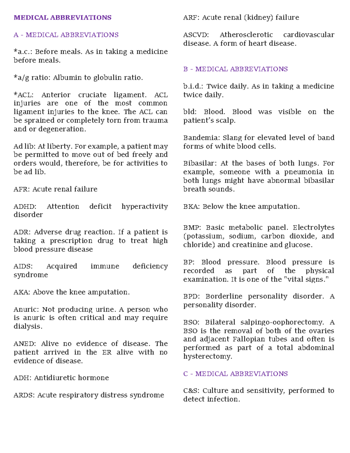 Medical Abbreviations - MEDICAL ABBREVIATIONS A - MEDICAL ABBREVIATIONS ...