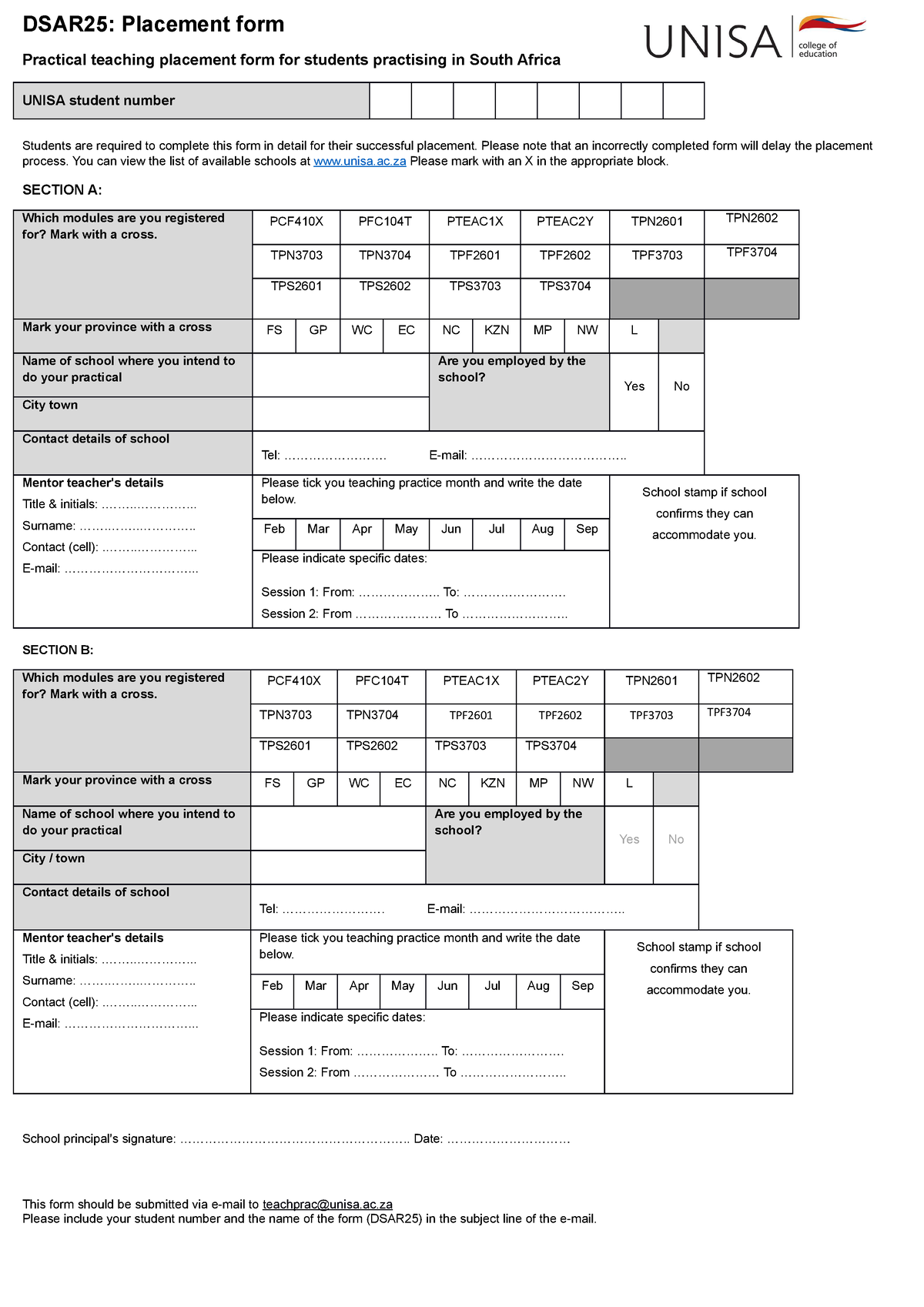 4 5920467385080351001 DSAR25 Placement Form Practical Teaching 