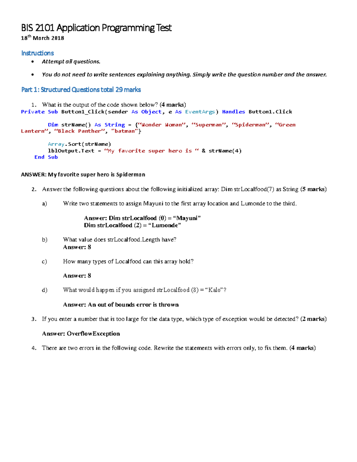 Test 1 2018 marcking scheme - BIS 2101 Application Programming Test 18 ...
