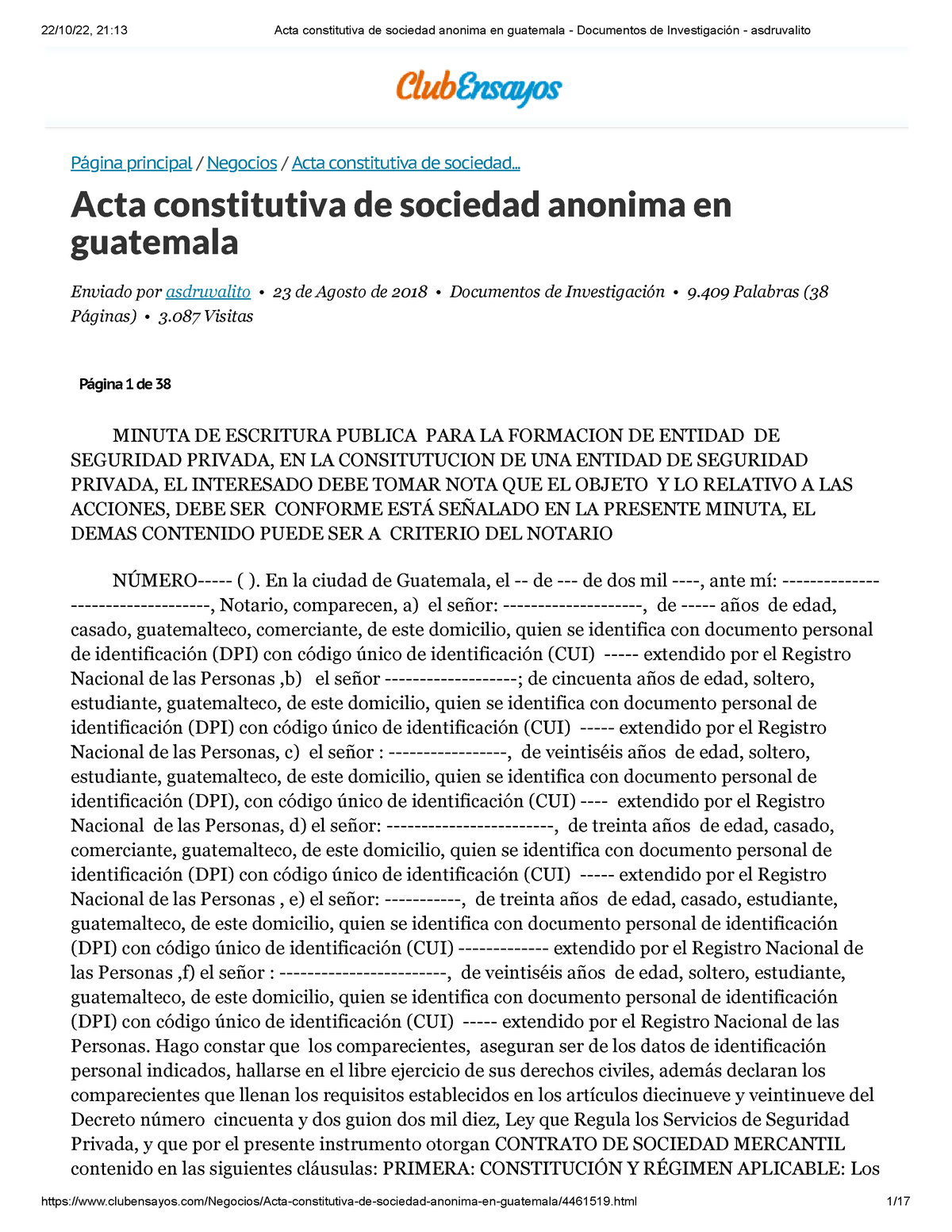 Acta constitutiva de sociedad anonima en guatemala - Documentos de