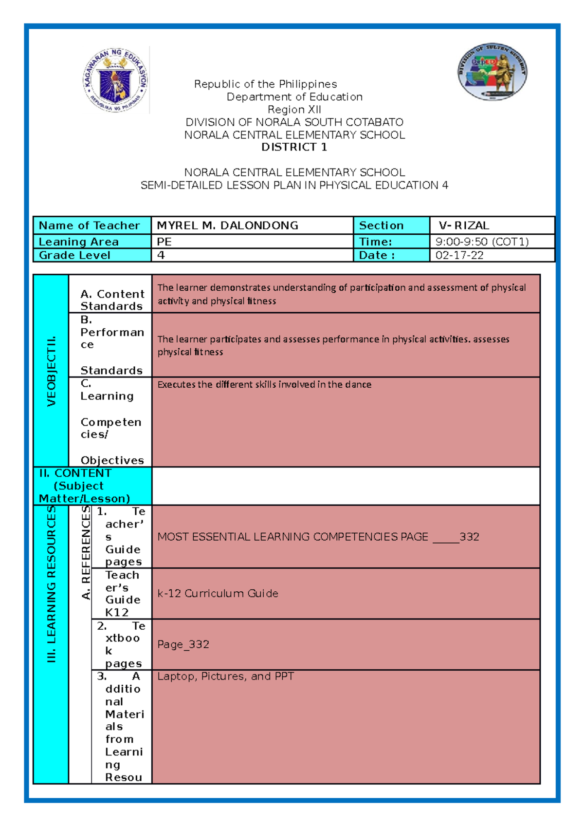 Group-4- Lesson-PLAN-IN-PE - Republic Of The Philippines Department Of ...