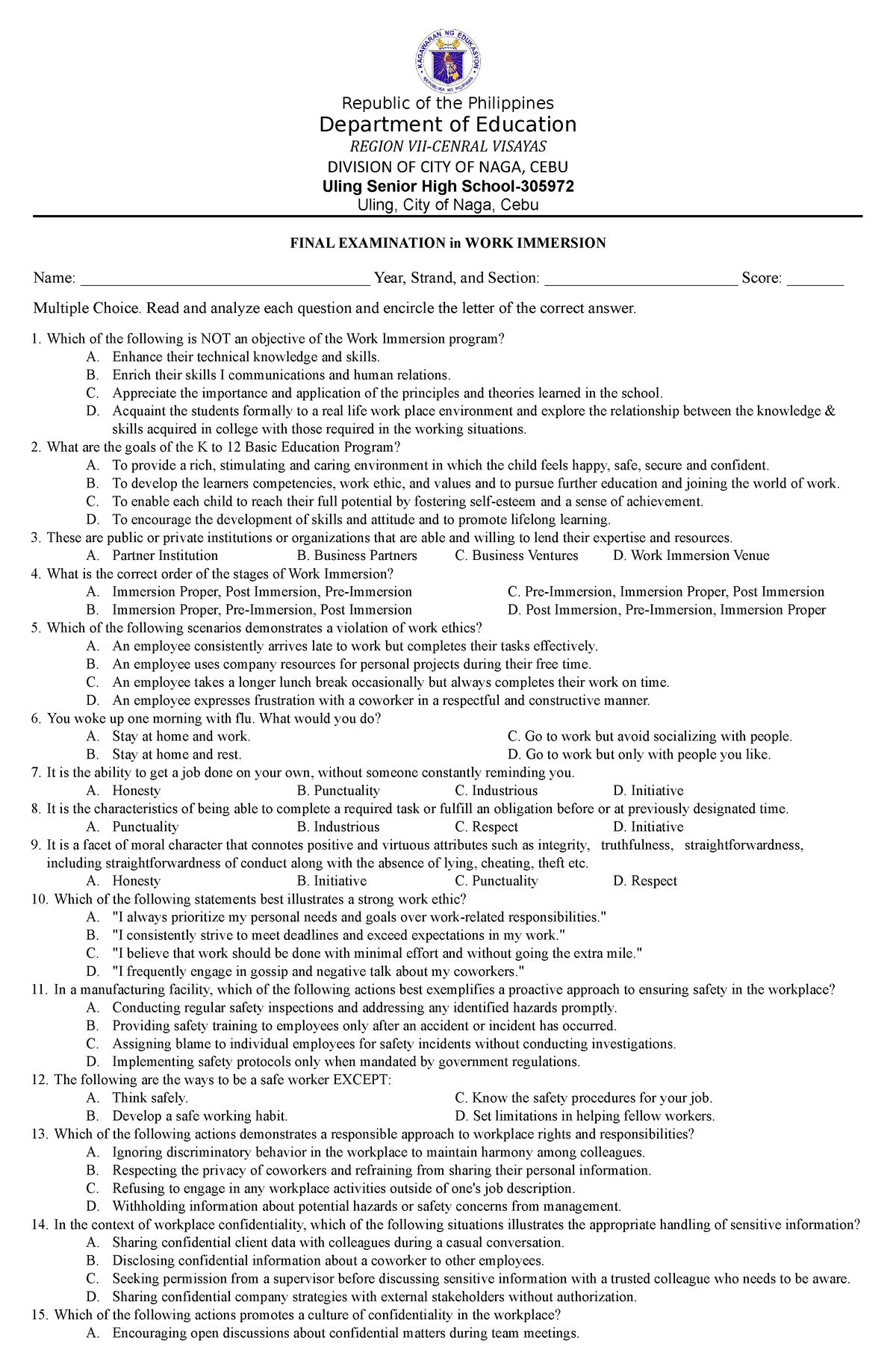 Work Immersion Q4 TQ TOS Answer Key - Republic Of The Philippines ...