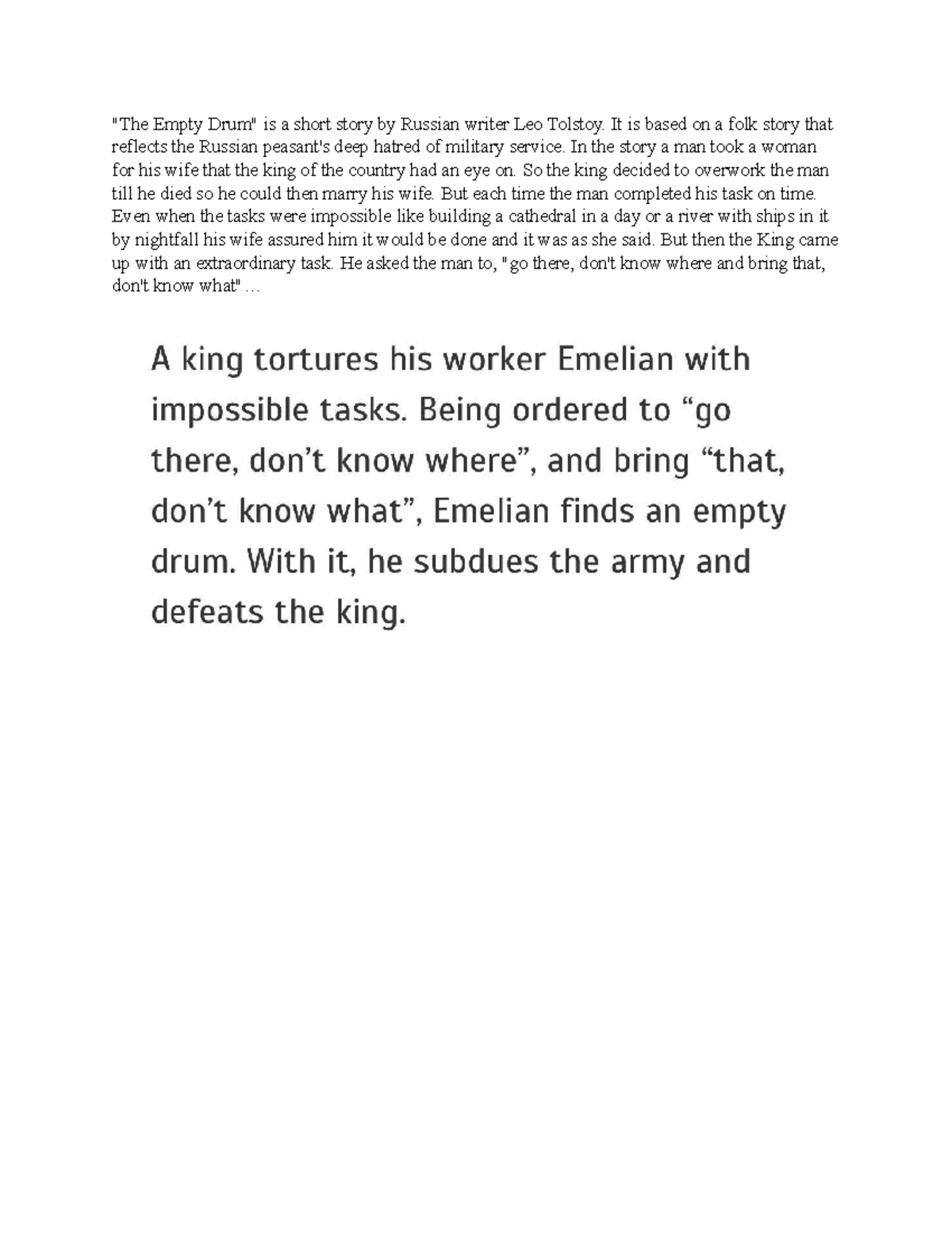 Unlock Reading and Writing Skills "The Empty Drum" is a short story by Russian writer Studocu