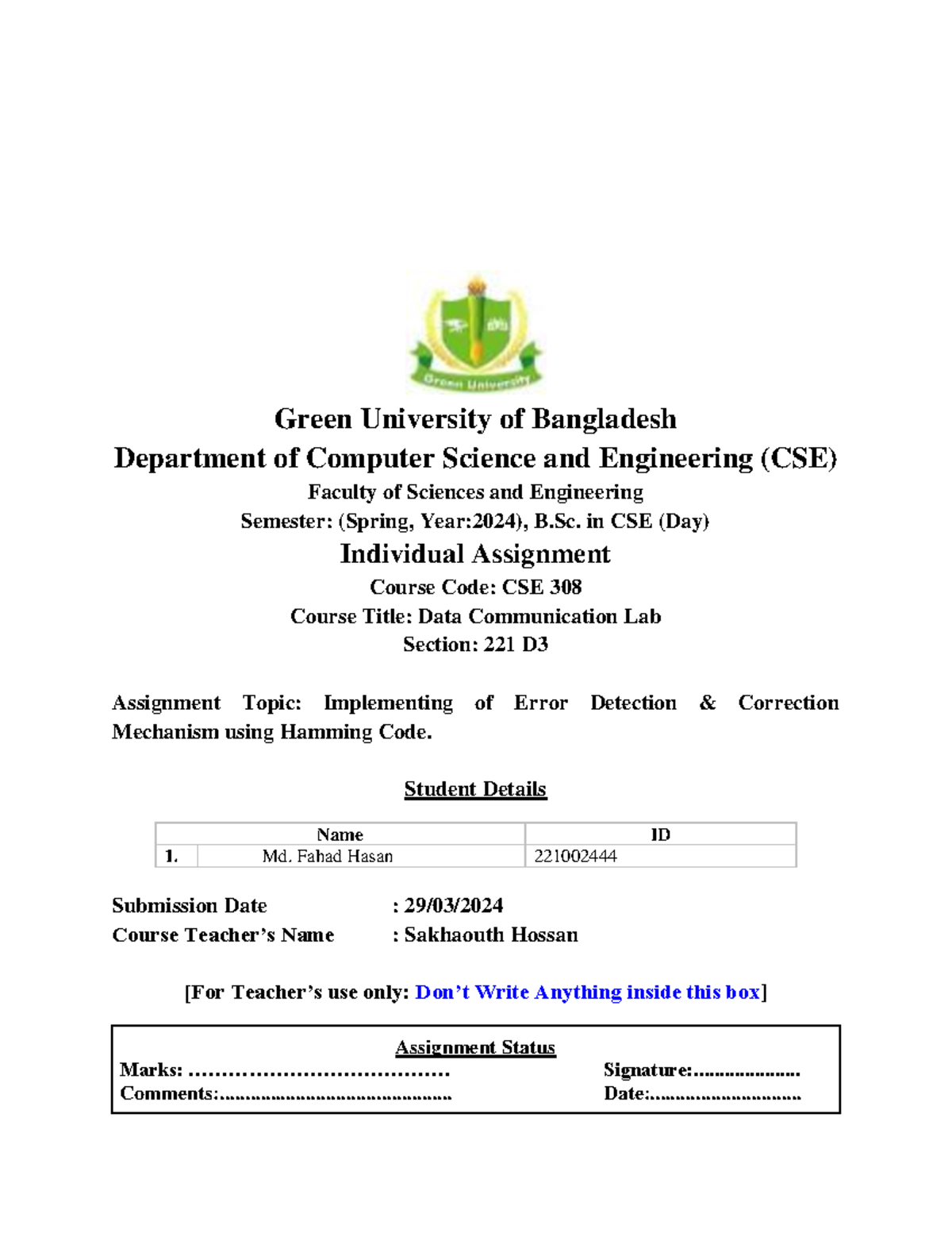 Hamming CODE - Green University of Bangladesh Department of Computer ...