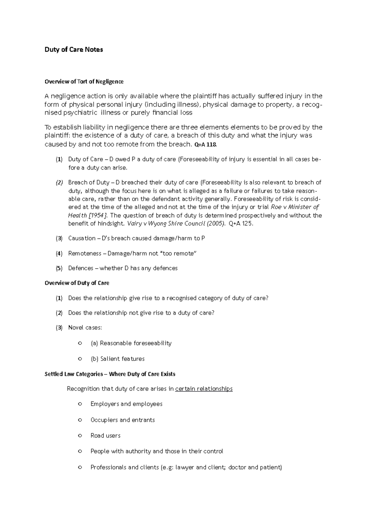 Duty of Care Notes 2 - Overview of Duty of Care Does the relationship ...