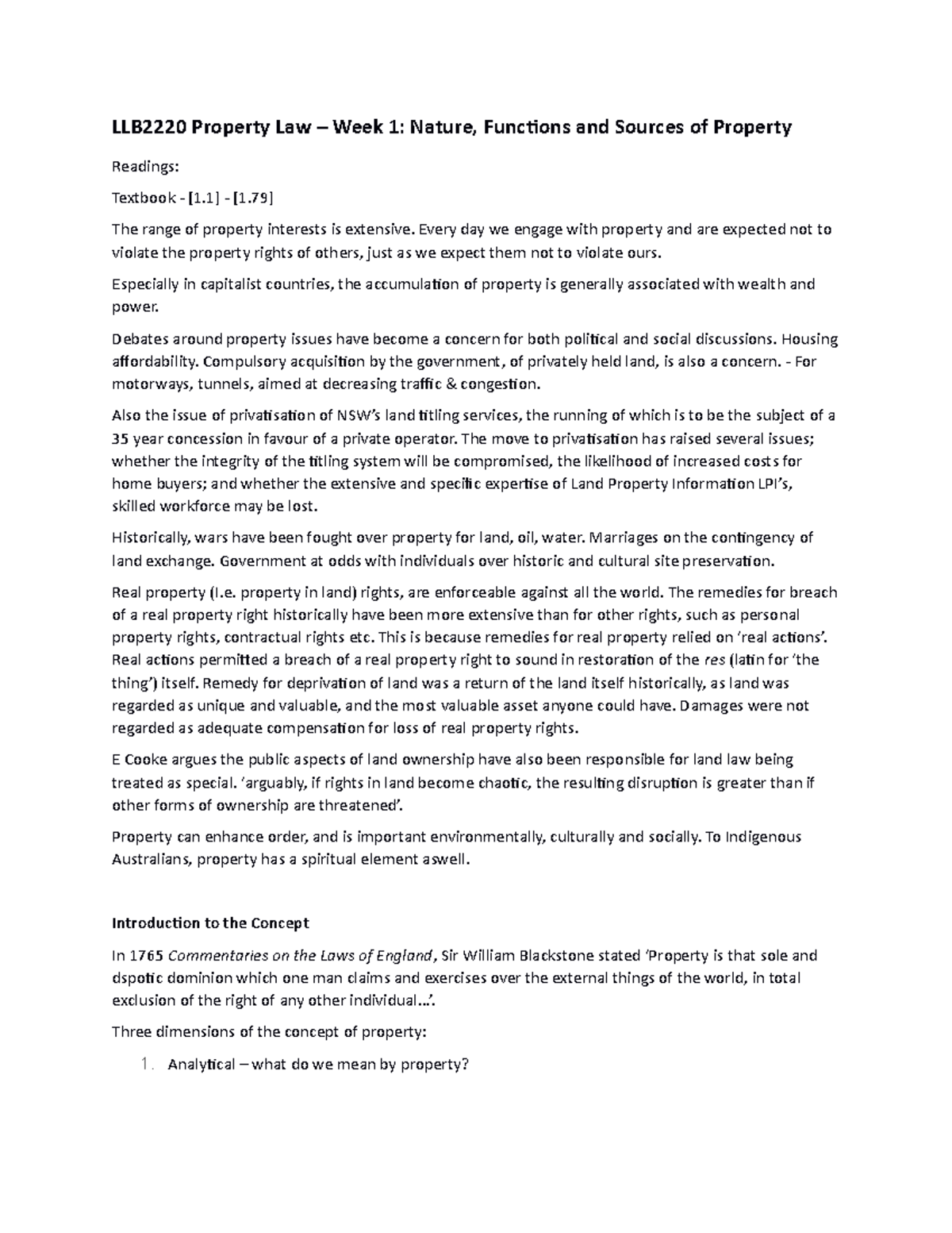 PROP LAW Week 1 lecture notes - LLB2220 Property Law – Week 1: Nature ...