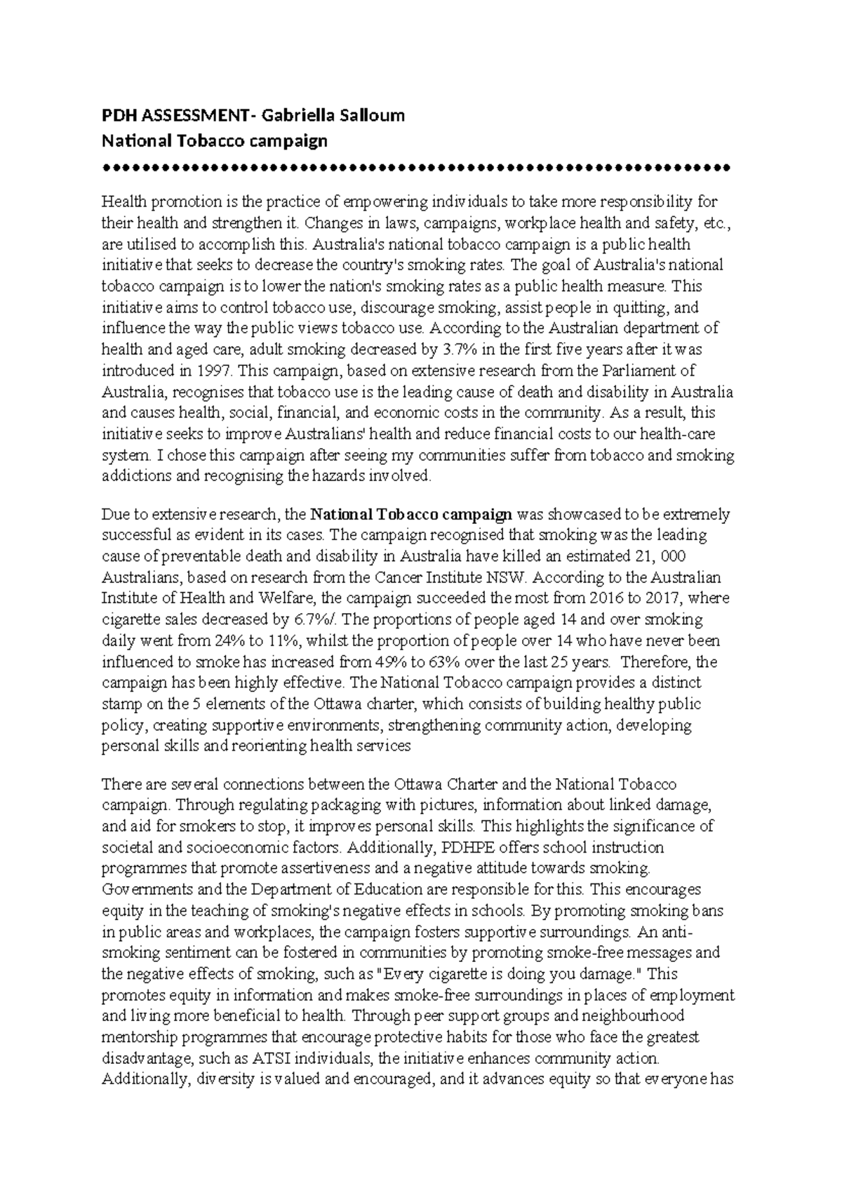 Pdh task 1 - pdhpe assignment on tobacco campaign - PDH ASSESSMENT ...