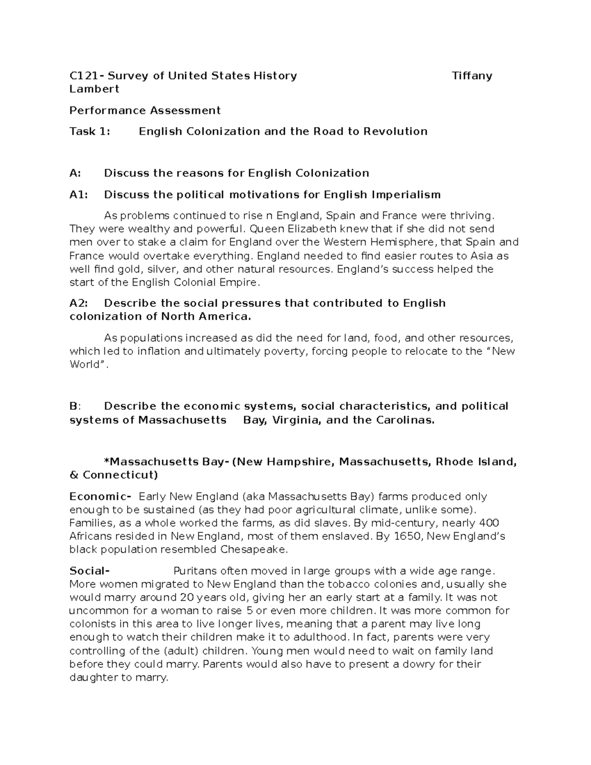 C121 Task 1 - C121 Task 1 Passed - C121- Survey Of United States ...