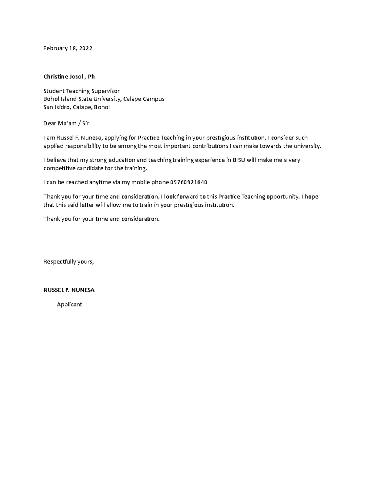 Application Letter (Nunesa, Russel F - February 18, 2022 Christine ...