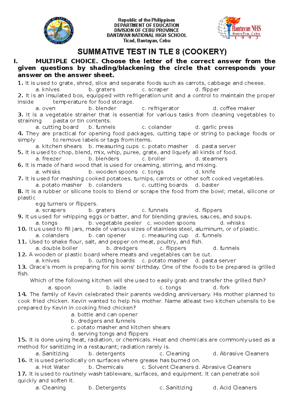 Summative Exam - Cookery Final - Republic Of The Philippines DEPARTMENT ...