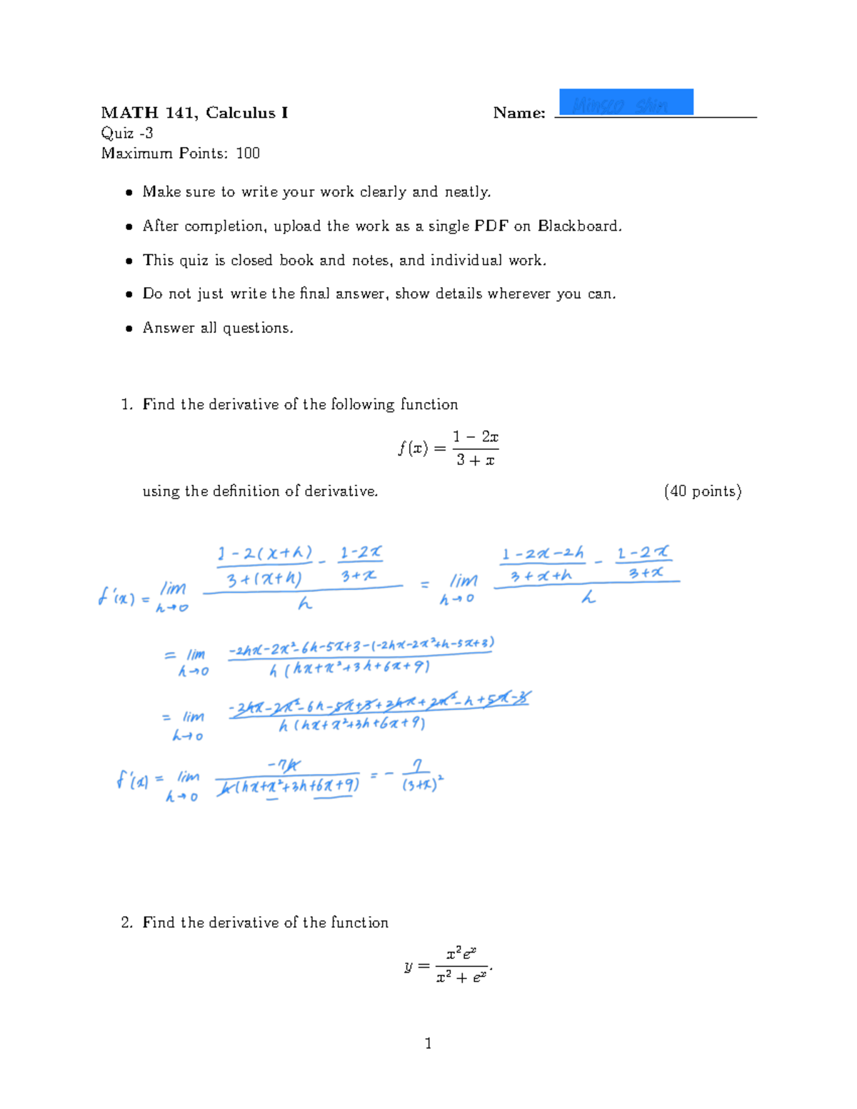 Quiz 3 - Quiz from MATH 141 with Professor Sharma - MATH 141, Calculus ...